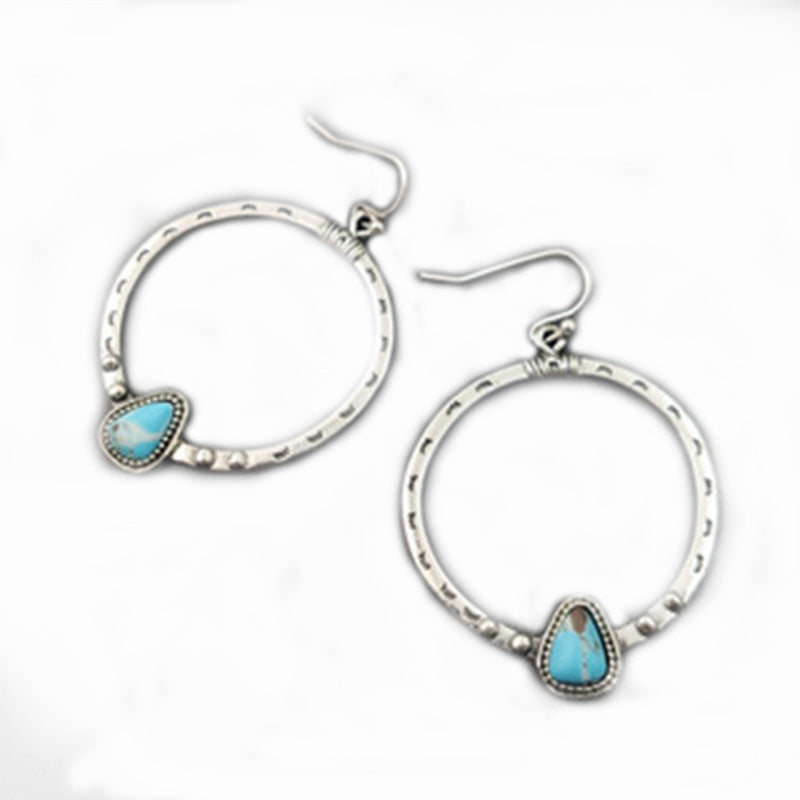 Retro Circle Hoop Earrings For Women In Antique Silver Plated Alloy With Turquoise Inlay