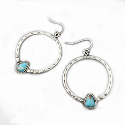 Retro Circle Hoop Earrings For Women In Antique Silver Plated Alloy With Turquoise Inlay