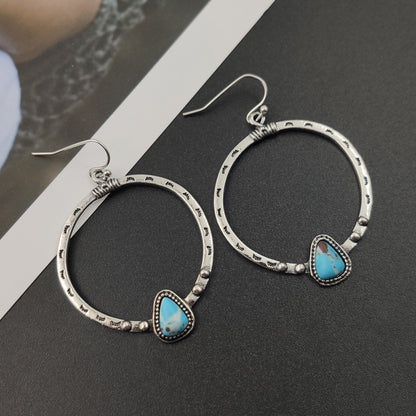 Retro Circle Hoop Earrings For Women In Antique Silver Plated Alloy With Turquoise Inlay
