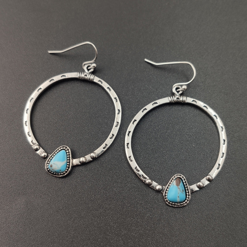 Retro Circle Hoop Earrings For Women In Antique Silver Plated Alloy With Turquoise Inlay