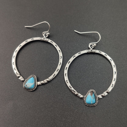 Retro Circle Hoop Earrings For Women In Antique Silver Plated Alloy With Turquoise Inlay