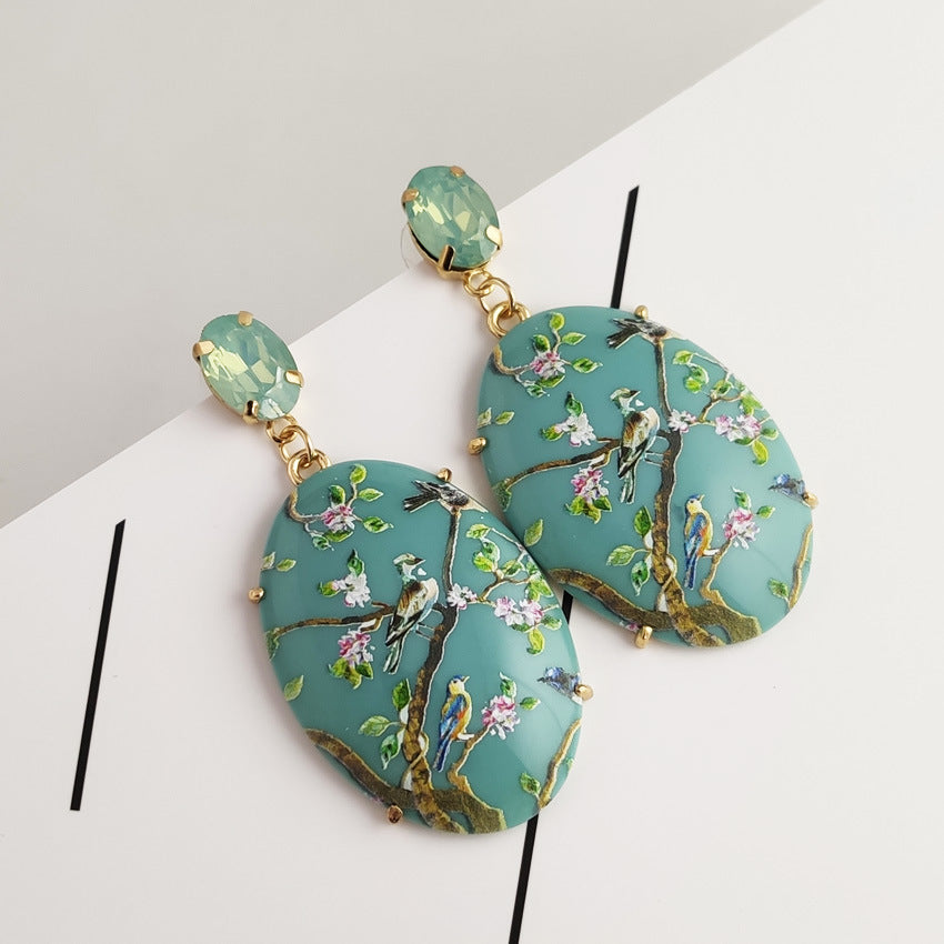Digital Printing Beige Drop Earrings In Alloy Featuring Electroplated Finish