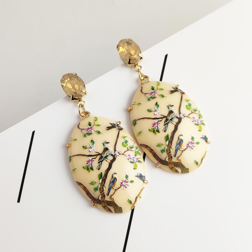 Digital Printing Beige Drop Earrings In Alloy Featuring Electroplated Finish