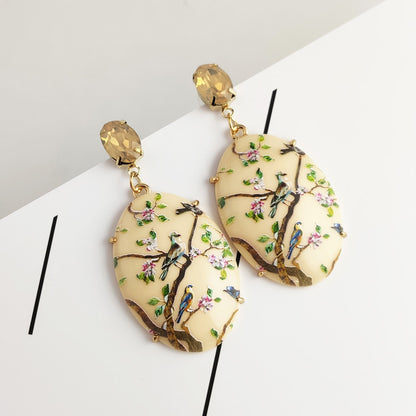 Digital Printing Beige Drop Earrings In Alloy Featuring Electroplated Finish