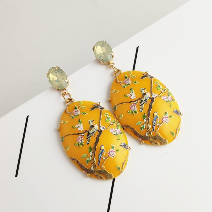 Digital Printing Beige Drop Earrings In Alloy Featuring Electroplated Finish