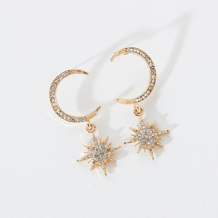 Exaggerated Gold Moon Stud Earrings For Women With Rhinestone Inlay, Alloy Material