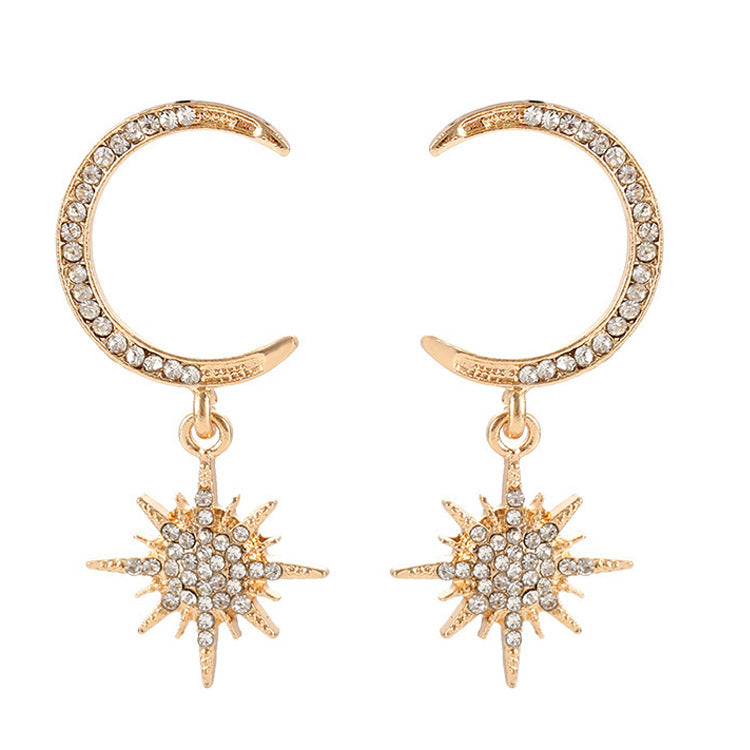 Exaggerated Gold Moon Stud Earrings For Women With Rhinestone Inlay, Alloy Material
