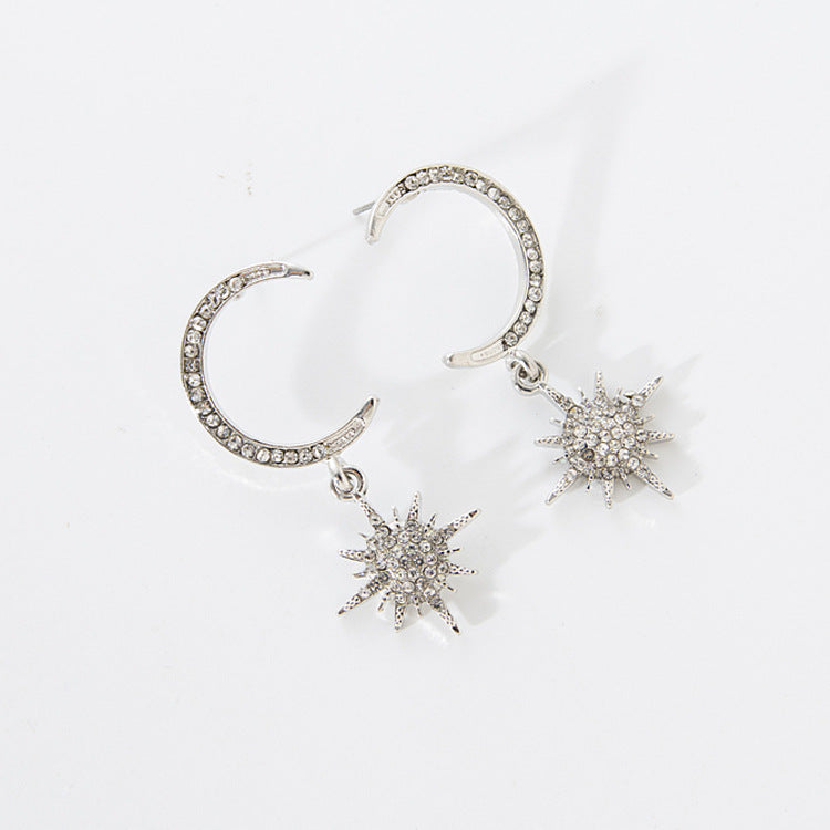 Exaggerated Gold Moon Stud Earrings For Women With Rhinestone Inlay, Alloy Material
