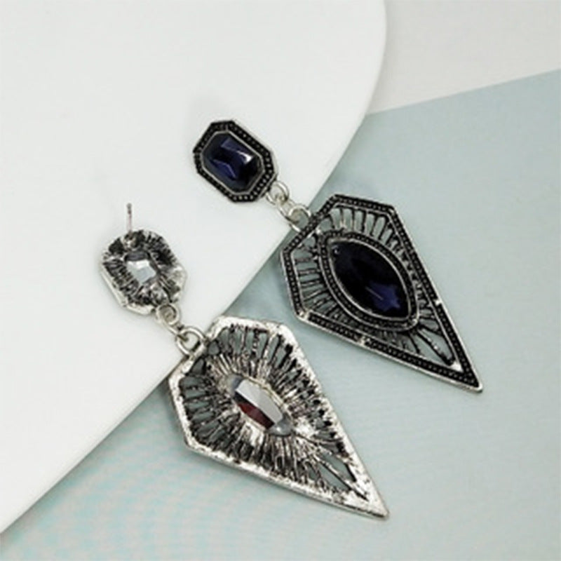 Retro Geometric Earrings In Antique Silver Plated Alloy With Rhinestones, Featuring 304 Stainless Steel Ear Pins