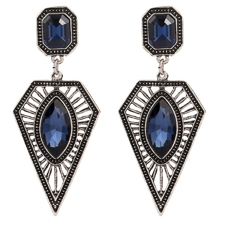 Retro Geometric Earrings In Antique Silver Plated Alloy With Rhinestones, Featuring 304 Stainless Steel Ear Pins