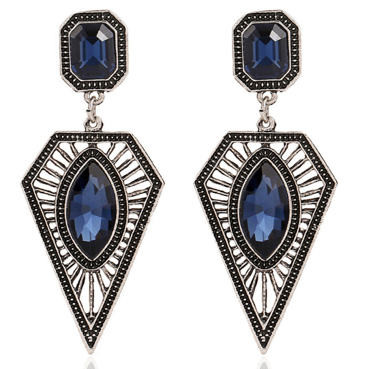 Retro Geometric Earrings In Antique Silver Plated Alloy With Rhinestones, Featuring 304 Stainless Steel Ear Pins