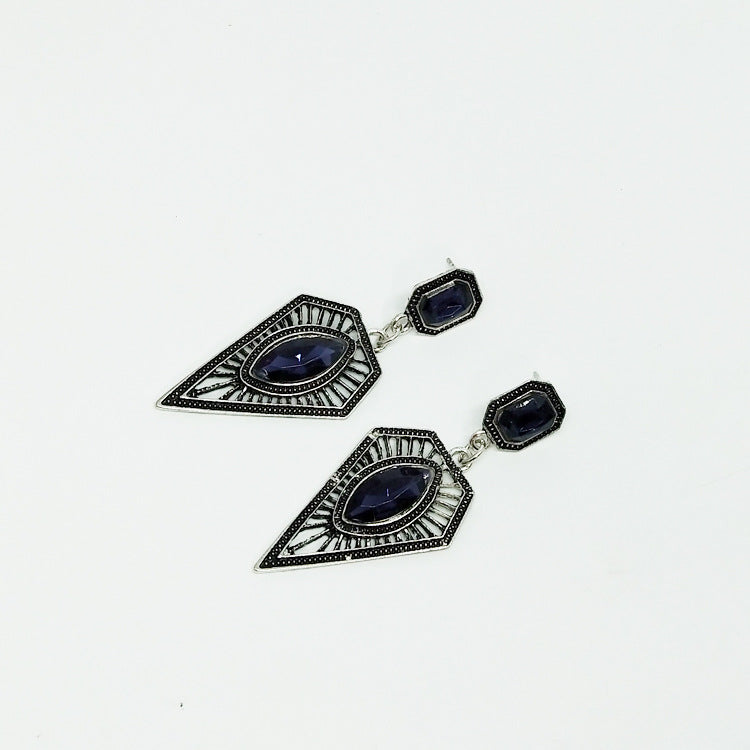 Retro Geometric Earrings In Antique Silver Plated Alloy With Rhinestones, Featuring 304 Stainless Steel Ear Pins