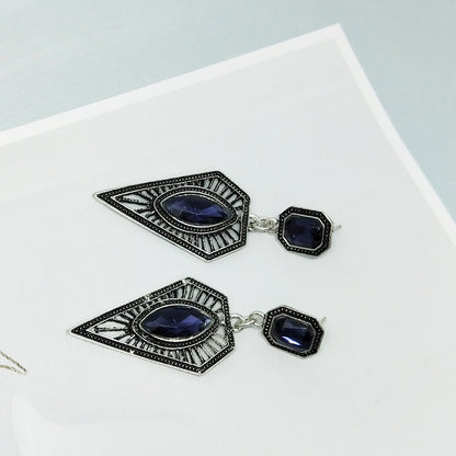 Retro Geometric Earrings In Antique Silver Plated Alloy With Rhinestones, Featuring 304 Stainless Steel Ear Pins