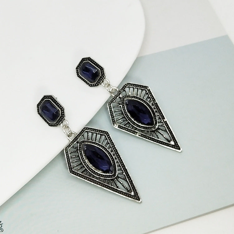Retro Geometric Earrings In Antique Silver Plated Alloy With Rhinestones, Featuring 304 Stainless Steel Ear Pins