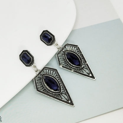 Retro Geometric Earrings In Antique Silver Plated Alloy With Rhinestones, Featuring 304 Stainless Steel Ear Pins