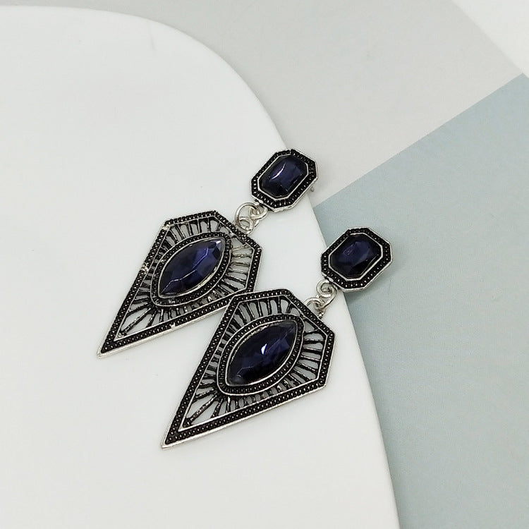 Retro Geometric Earrings In Antique Silver Plated Alloy With Rhinestones, Featuring 304 Stainless Steel Ear Pins