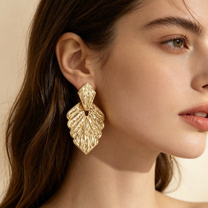 Bohemian Leaves Stud Earrings For Unisex In Gold, Featuring Zinc Alloy And 304 Stainless Steel Posts
