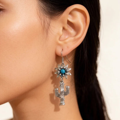 Cactus Earrings For Unisex, 3 Pieces Set In Silver Zinc Alloy Featuring Turquoise Inlay With Western Style
