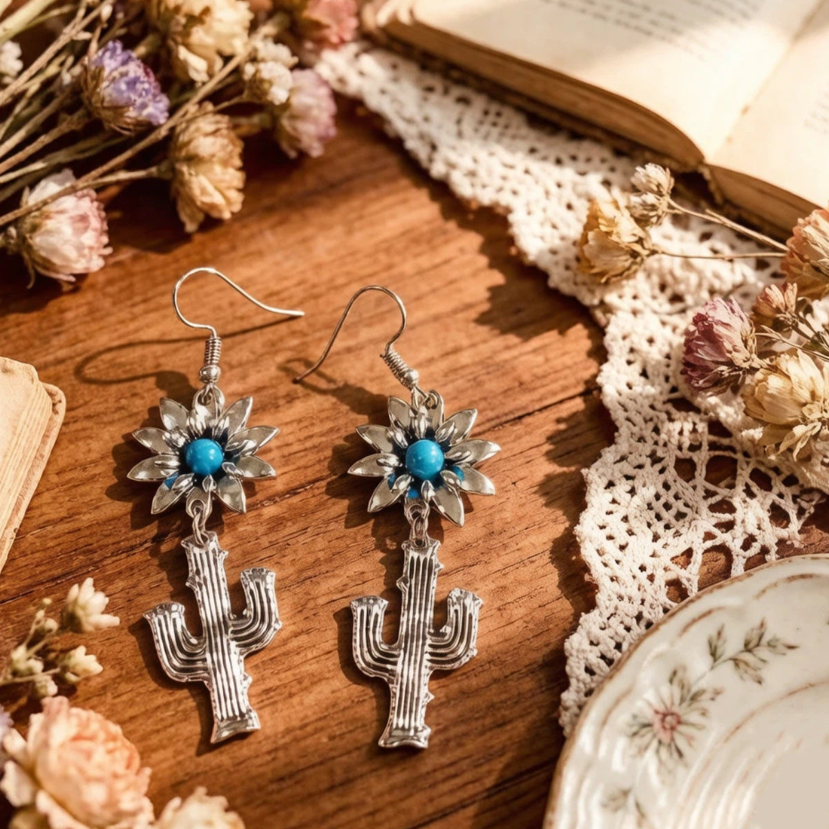 Cactus Earrings For Unisex, 3 Pieces Set In Silver Zinc Alloy Featuring Turquoise Inlay With Western Style