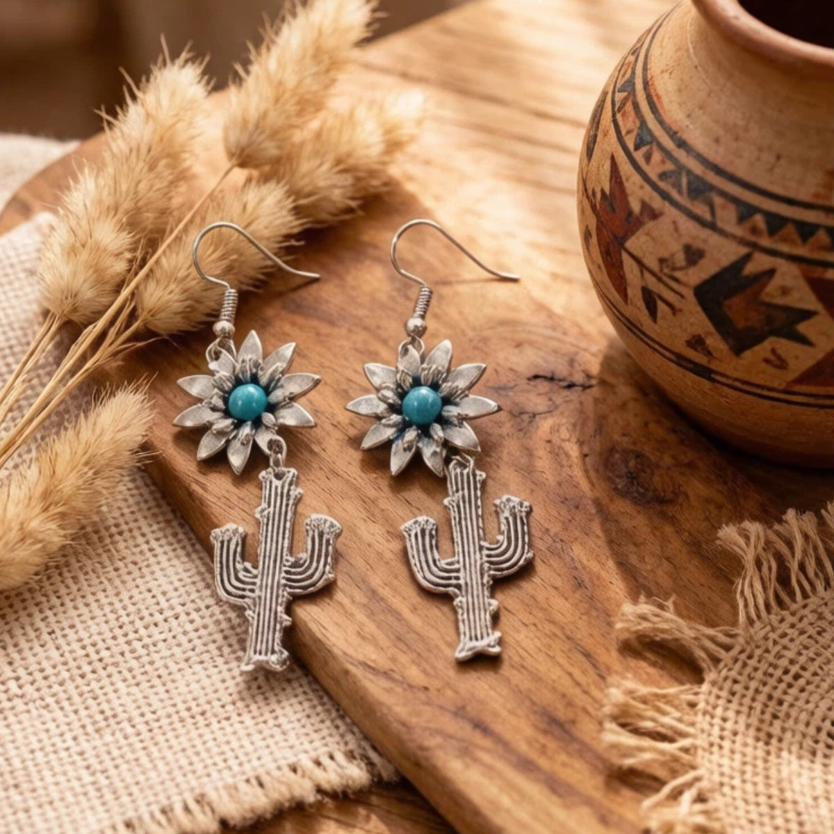 Cactus Earrings For Unisex, 3 Pieces Set In Silver Zinc Alloy Featuring Turquoise Inlay With Western Style