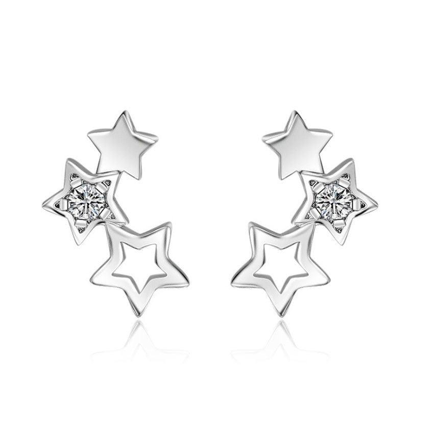Pentagram Stud Earrings Silver Plated Alloy With Zircon Inlay And 304 Stainless Steel Posts