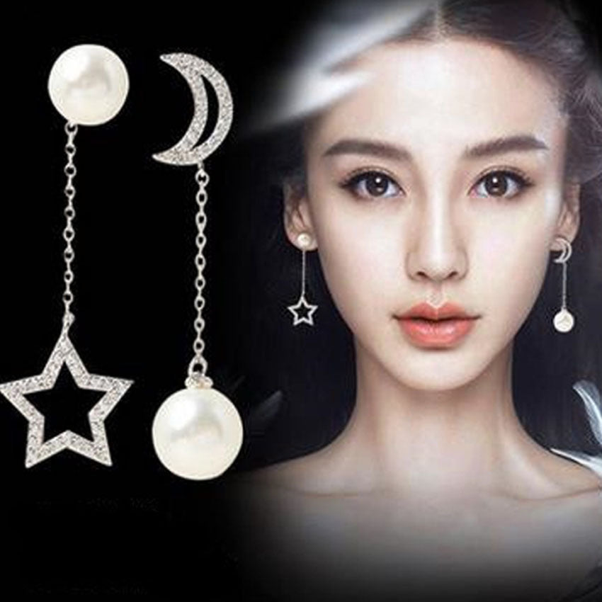 Moon Drop Earrings With Alloy And Artificial Pearl, Featuring 304 Stainless Steel Ear Pins And Asymmetrical Design