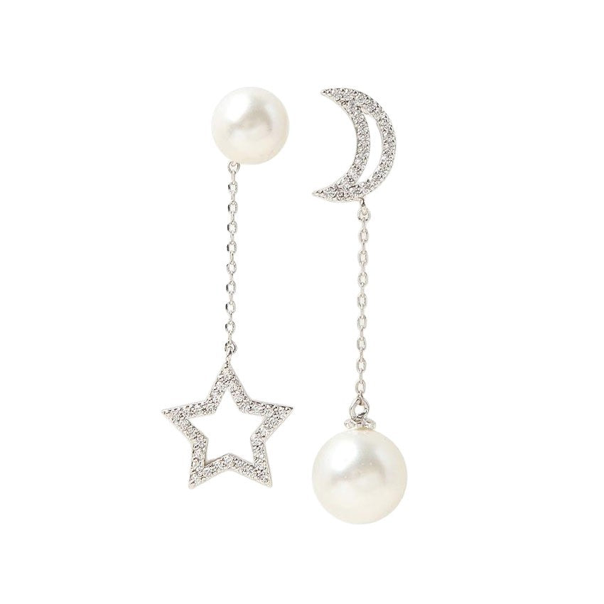 Moon Drop Earrings With Alloy And Artificial Pearl, Featuring 304 Stainless Steel Ear Pins And Asymmetrical Design