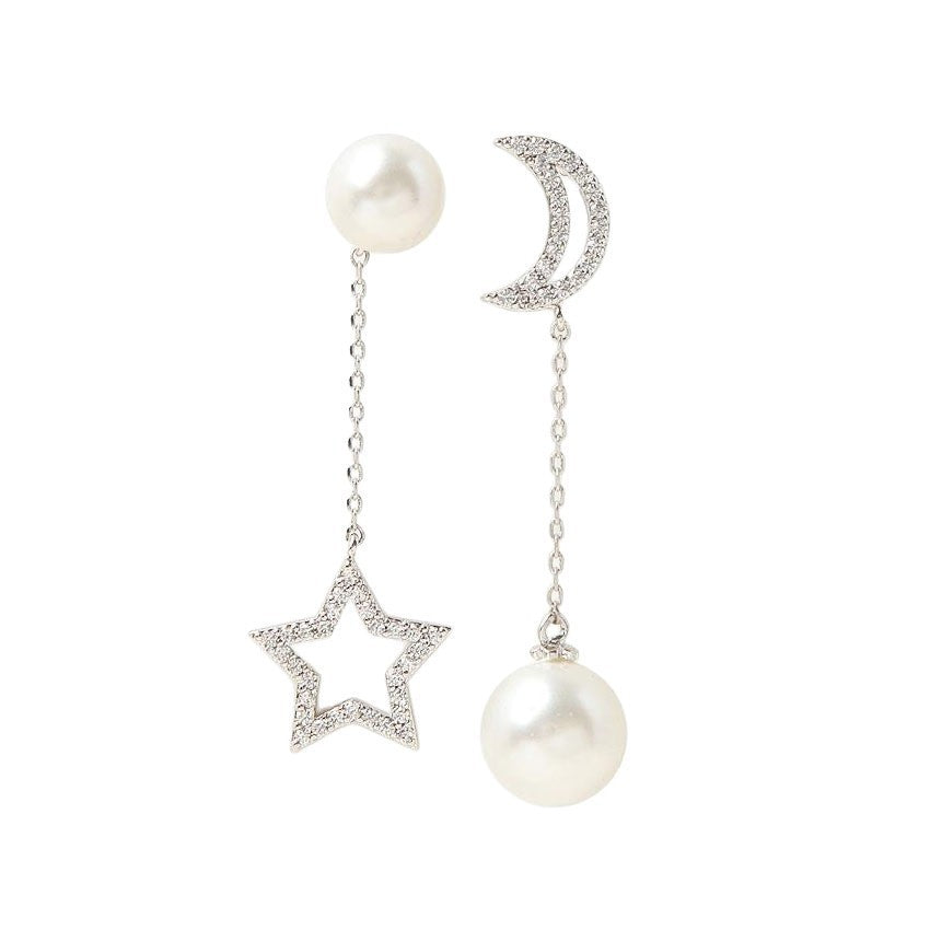 Moon Drop Earrings With Alloy And Artificial Pearl, Featuring 304 Stainless Steel Ear Pins And Asymmetrical Design
