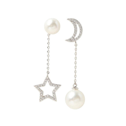 Moon Drop Earrings With Alloy And Artificial Pearl, Featuring 304 Stainless Steel Ear Pins And Asymmetrical Design