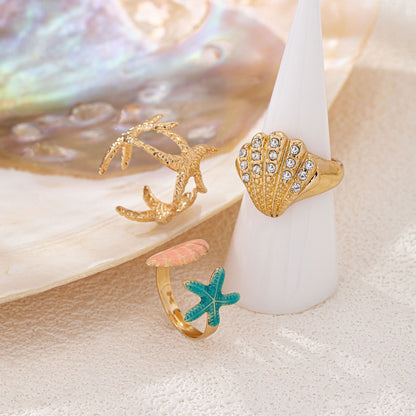 Starfish Ring For Women In Marine Style, Zinc Alloy With Artificial Diamond Inlay, Featuring 0.01µm Coating Thickness