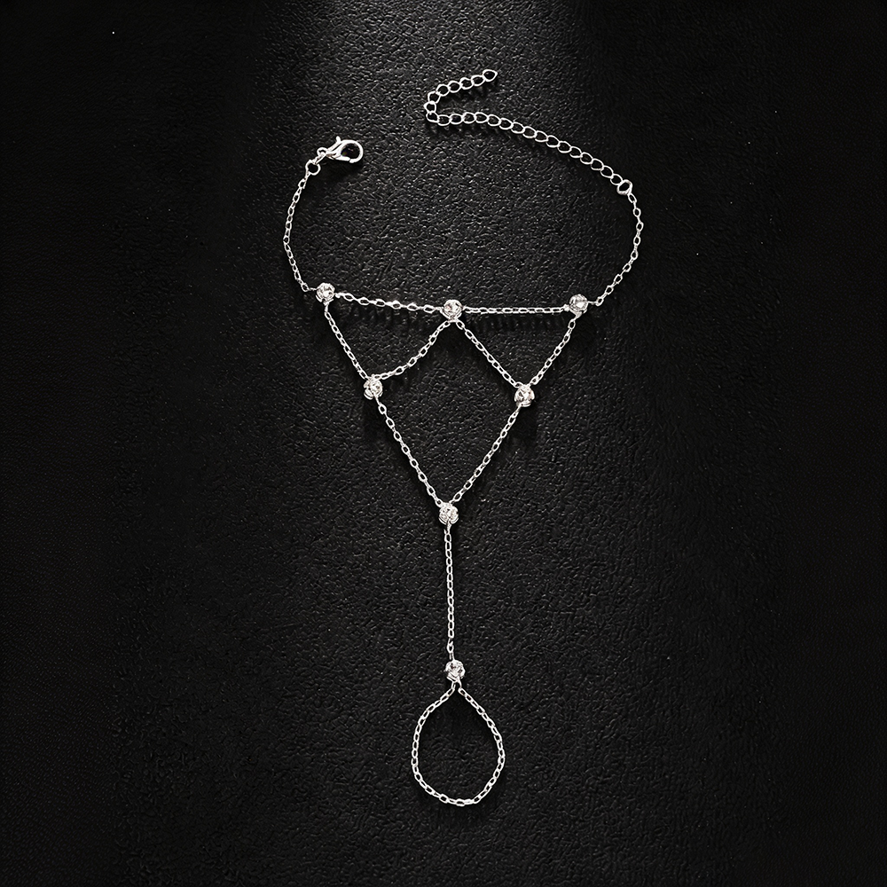 Trillion-cut Bohemian Hand Chain Bracelet For Women With Claw Setting In Silver Plated Zinc Alloy And Rhinestones
