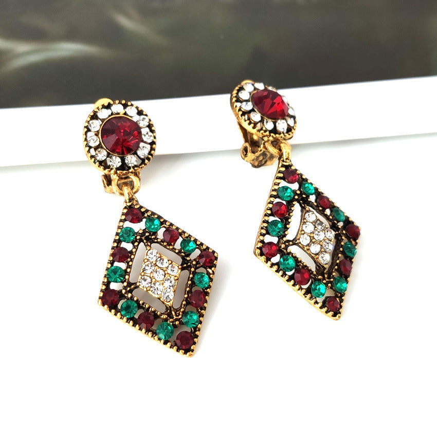 Retro Geometric Clip Earrings In Gold Alloy With Rhinestones, Featuring 304 Stainless Steel Ear Pins