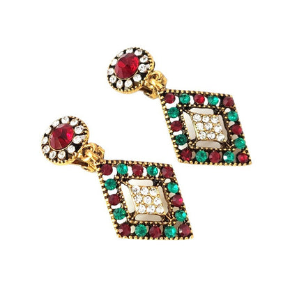 Retro Geometric Clip Earrings In Gold Alloy With Rhinestones, Featuring 304 Stainless Steel Ear Pins