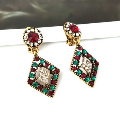 Retro Geometric Clip Earrings In Gold Alloy With Rhinestones, Featuring 304 Stainless Steel Ear Pins