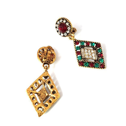 Retro Geometric Clip Earrings In Gold Alloy With Rhinestones, Featuring 304 Stainless Steel Ear Pins