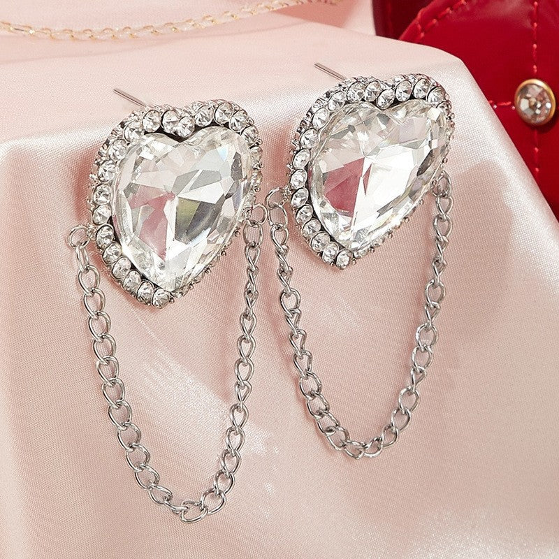 Heart Shape Simple Style Earrings For Women With Rhinestones, 304 Stainless Steel Ear Pins And Tassel Design