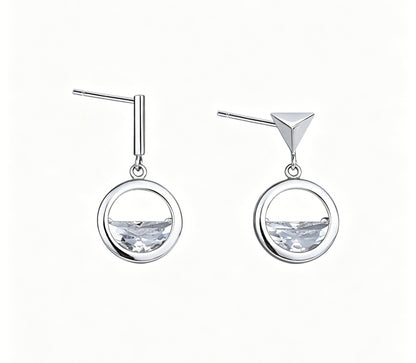 Circle Stud Earrings For Women With Zircon Inlay, 925 Sterling Silver Ear Pins, Asymmetrical Design Alloy