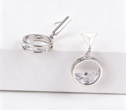 Circle Stud Earrings For Women With Zircon Inlay, 925 Sterling Silver Ear Pins, Asymmetrical Design Alloy