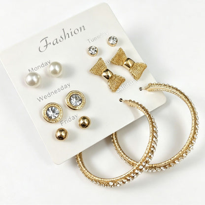 Bow Tie Earrings In Gold Alloy With Rhinestones, Featuring 304 Stainless Steel Ear Pins, 6 Pairs