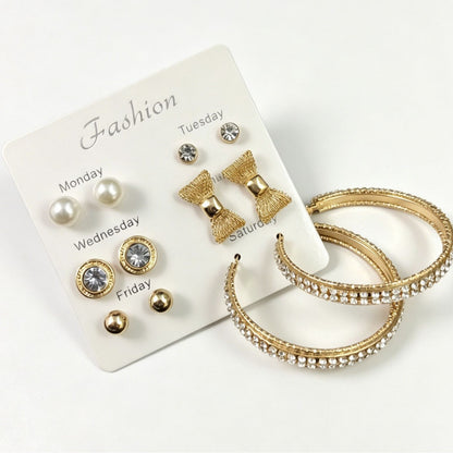 Bow Tie Earrings In Gold Alloy With Rhinestones, Featuring 304 Stainless Steel Ear Pins, 6 Pairs