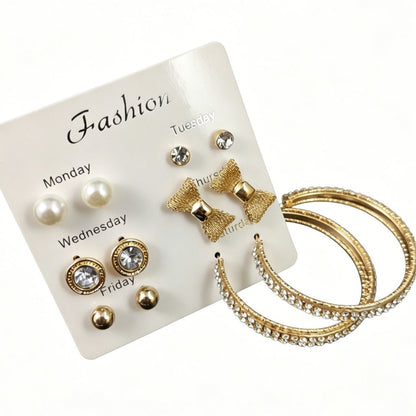 Bow Tie Earrings In Gold Alloy With Rhinestones, Featuring 304 Stainless Steel Ear Pins, 6 Pairs