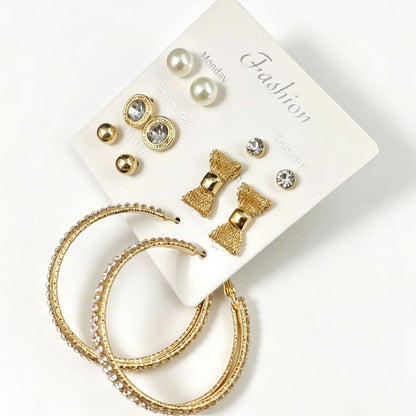 Bow Tie Earrings In Gold Alloy With Rhinestones, Featuring 304 Stainless Steel Ear Pins, 6 Pairs