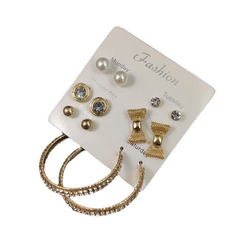 Bow Tie Earrings In Gold Alloy With Rhinestones, Featuring 304 Stainless Steel Ear Pins, 6 Pairs