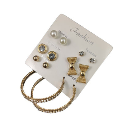 Bow Tie Earrings In Gold Alloy With Rhinestones, Featuring 304 Stainless Steel Ear Pins, 6 Pairs