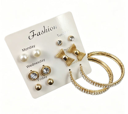 Bow Tie Earrings In Gold Alloy With Rhinestones, Featuring 304 Stainless Steel Ear Pins, 6 Pairs