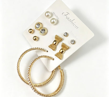 Bow Tie Earrings In Gold Alloy With Rhinestones, Featuring 304 Stainless Steel Ear Pins, 6 Pairs
