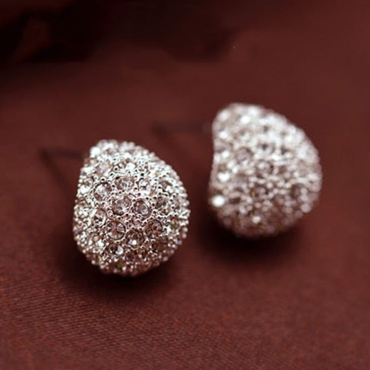 Water Droplets Stud Earrings With Rhinestones, Silver Plated Zinc Alloy And Stainless Steel Posts