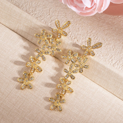 Snowflake Stud Earrings For Women In Zinc Alloy With Rhinestones, Electroplated Finish, 304 Stainless Steel Posts, Tassel