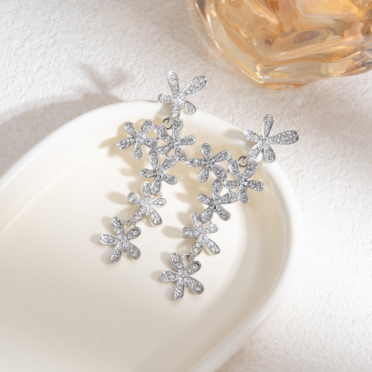 Snowflake Stud Earrings For Women In Zinc Alloy With Rhinestones, Electroplated Finish, 304 Stainless Steel Posts, Tassel