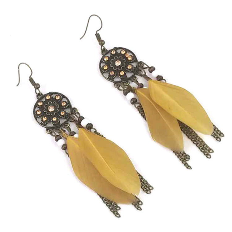 Ethnic Style Feather Tassel Earrings In Yellow With 304 Stainless Steel Ear Pins